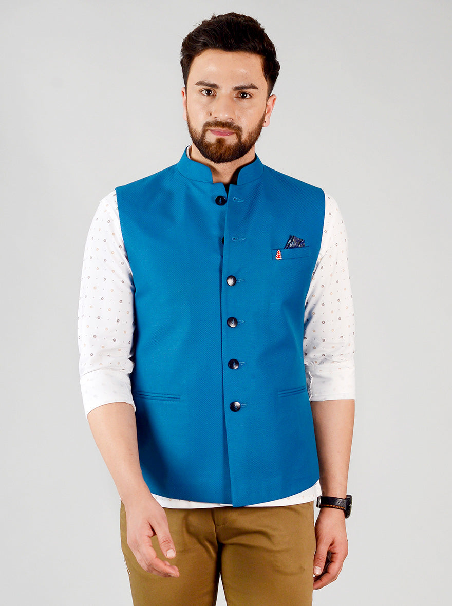 Teal Blue Bandhgala Jacket | Greenfibre