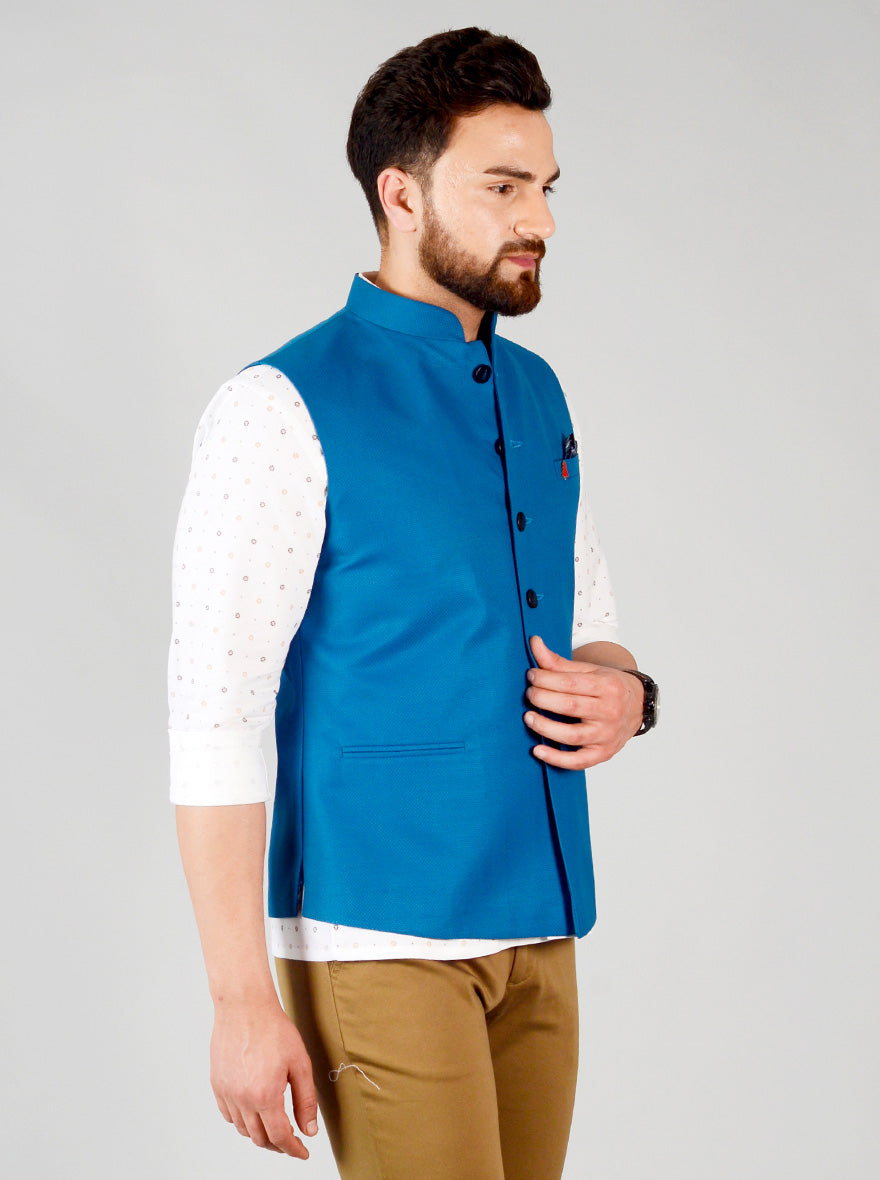 Teal Blue Bandhgala Jacket | Greenfibre