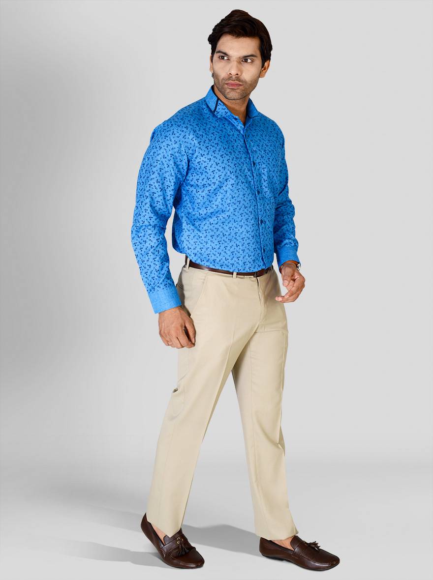 Cobalt Blue Printed Slim Fit Party Wear Shirt | Greenfibre