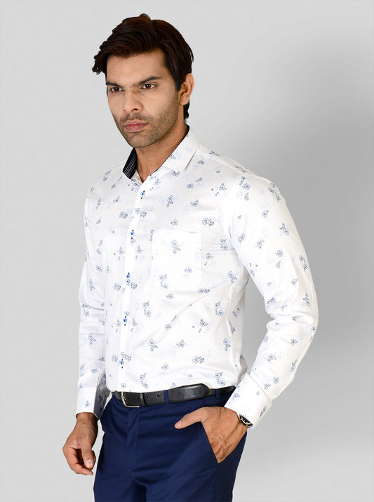 White & Blue Printed Slim Fit Party Wear Shirt | Greenfibre