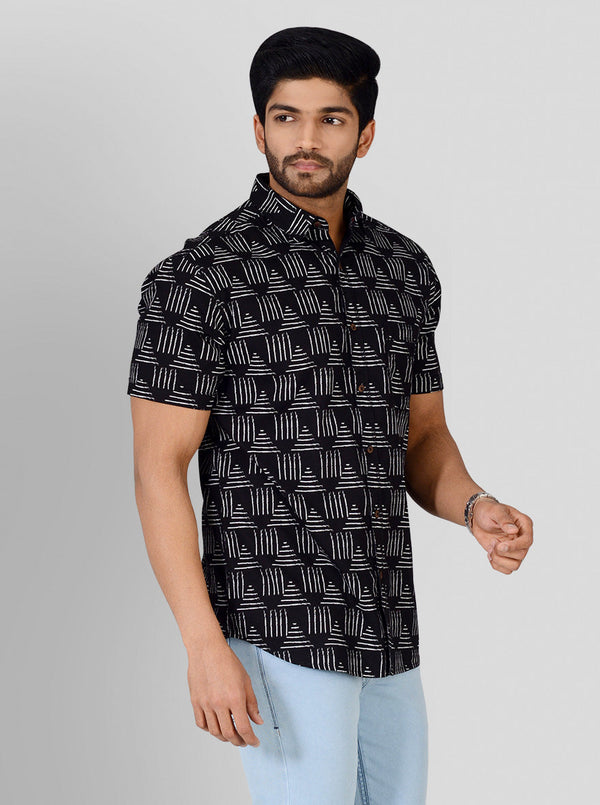 Phantom Black Printed Slim Fit Casual Shirt | Greenfibre