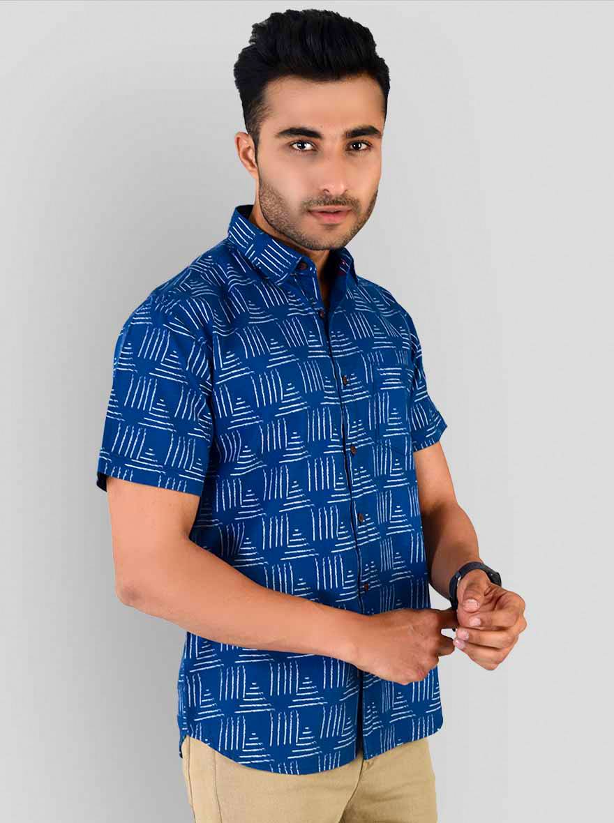 Cobalt Blue Printed Slim Fit Casual Shirt | Greenfibre