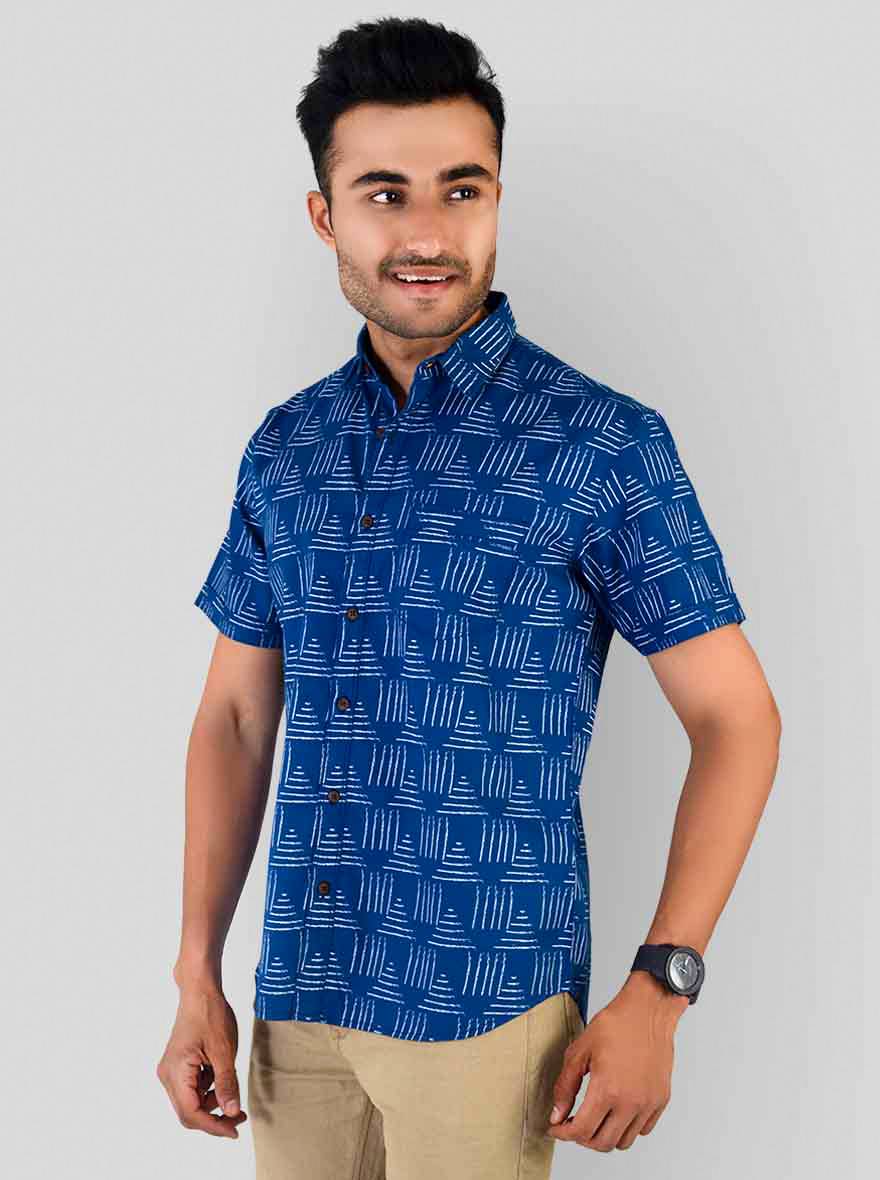 Cobalt Blue Printed Slim Fit Casual Shirt | Greenfibre