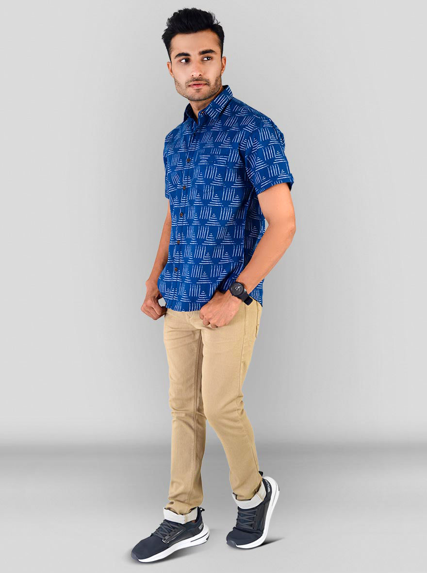 Cobalt Blue Printed Slim Fit Casual Shirt | Greenfibre