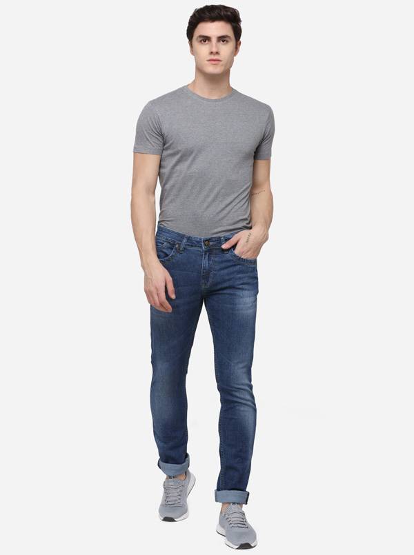 Dark Blue Narrow Fit Solid Jeans | Greenfibre