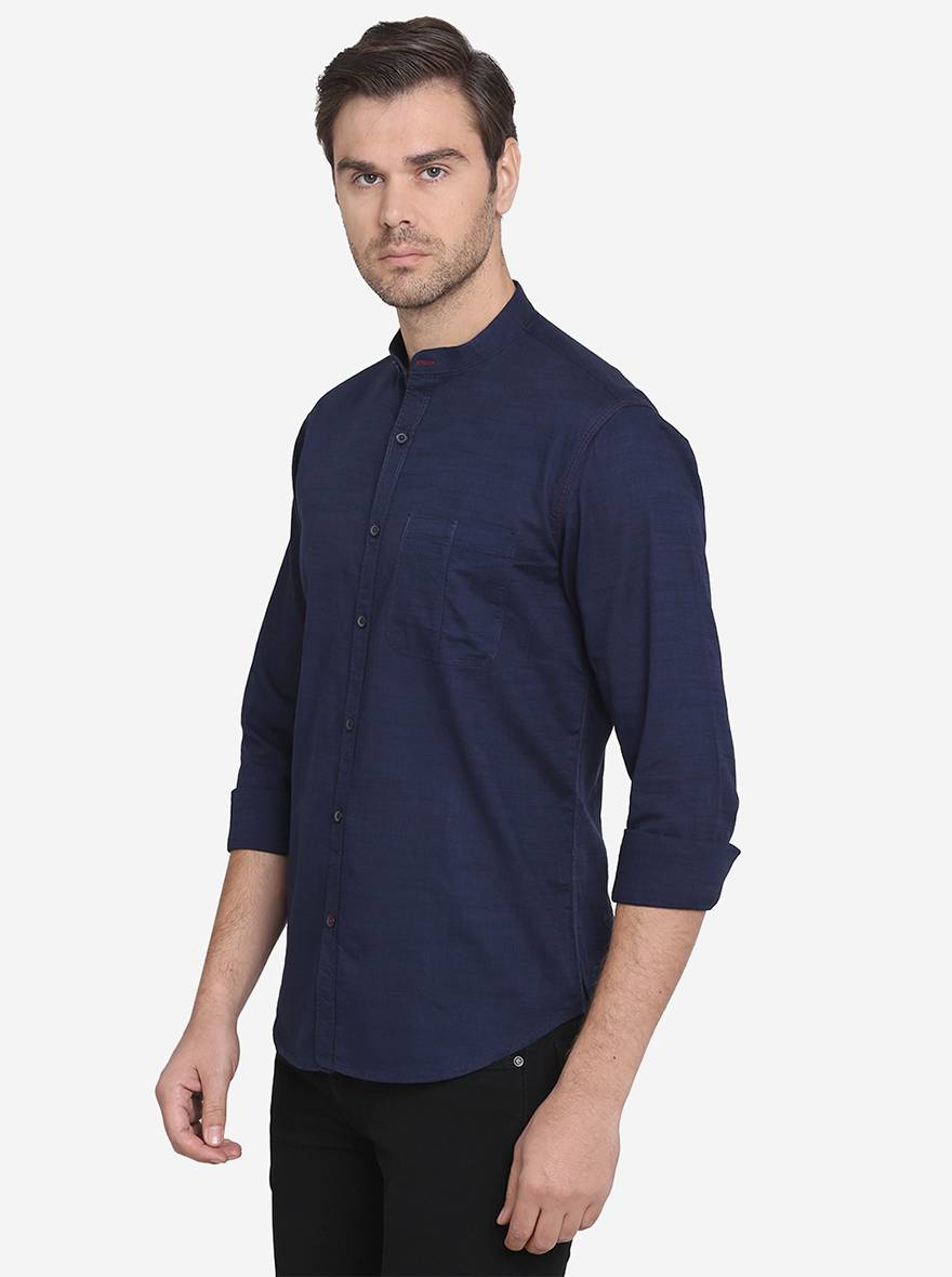 Navy Blue Solid Slim Fit Casual Shirt  | Greenfibre