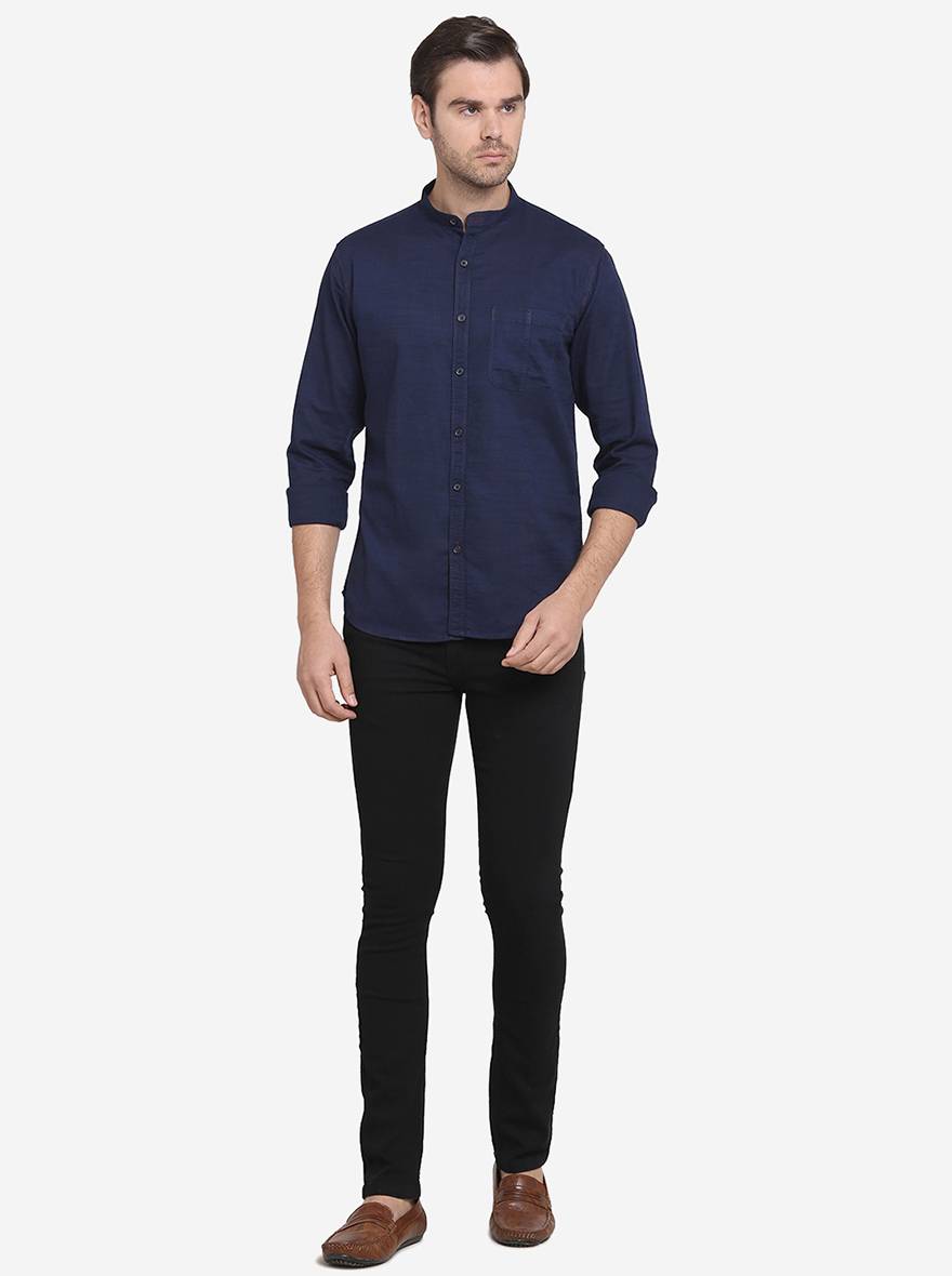 Navy Blue Solid Slim Fit Casual Shirt  | Greenfibre