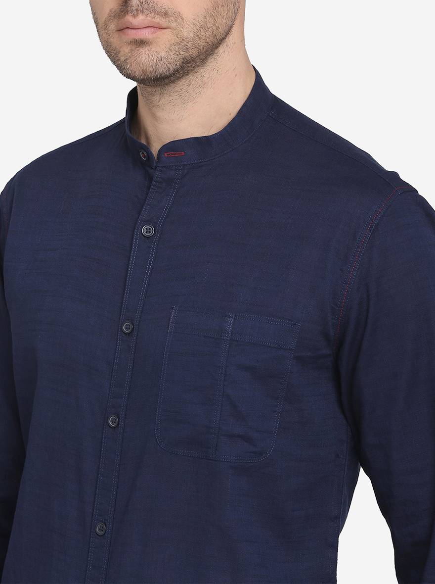 Navy Blue Solid Slim Fit Casual Shirt  | Greenfibre