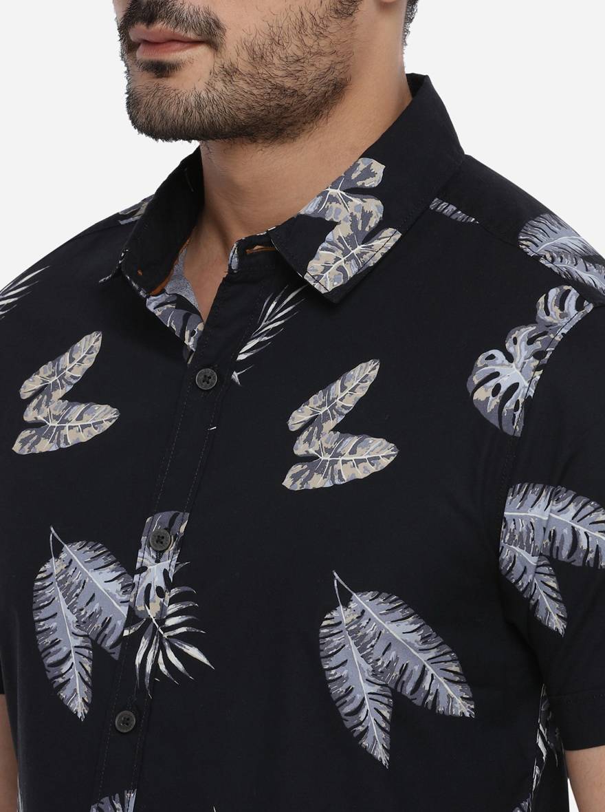 Black Printed Slim Fit Casual Shirt | Greenfibre