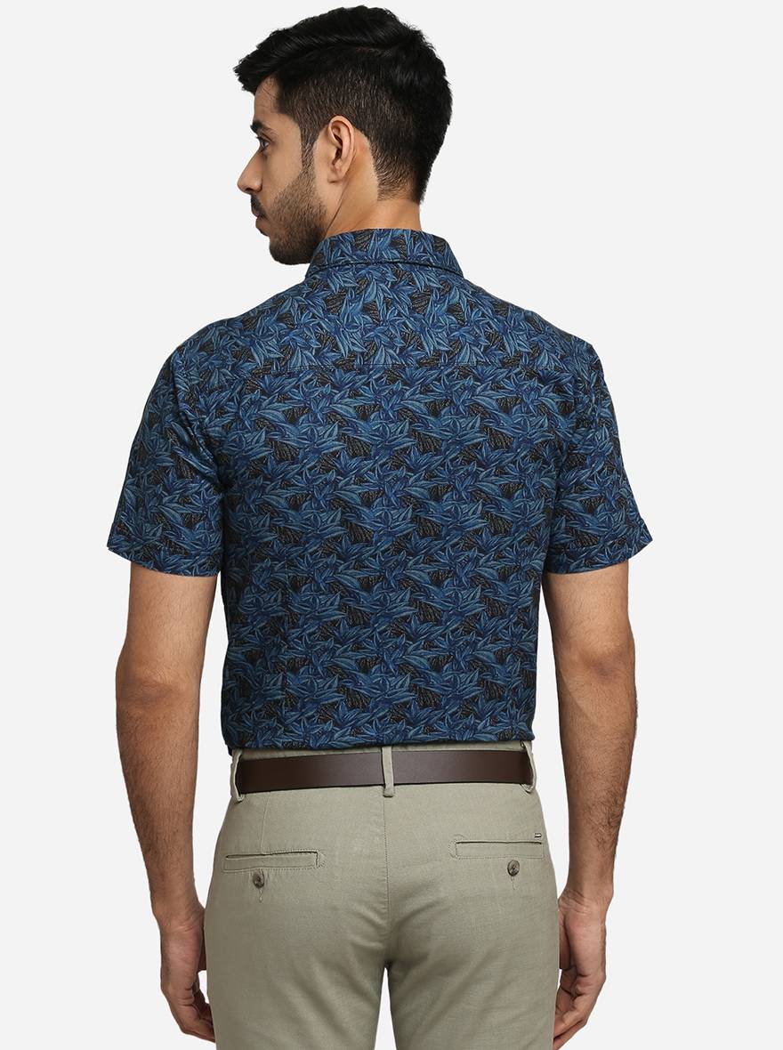 Ink Blue Printed Slim Fit Semi Casual Shirt | Greenfibre