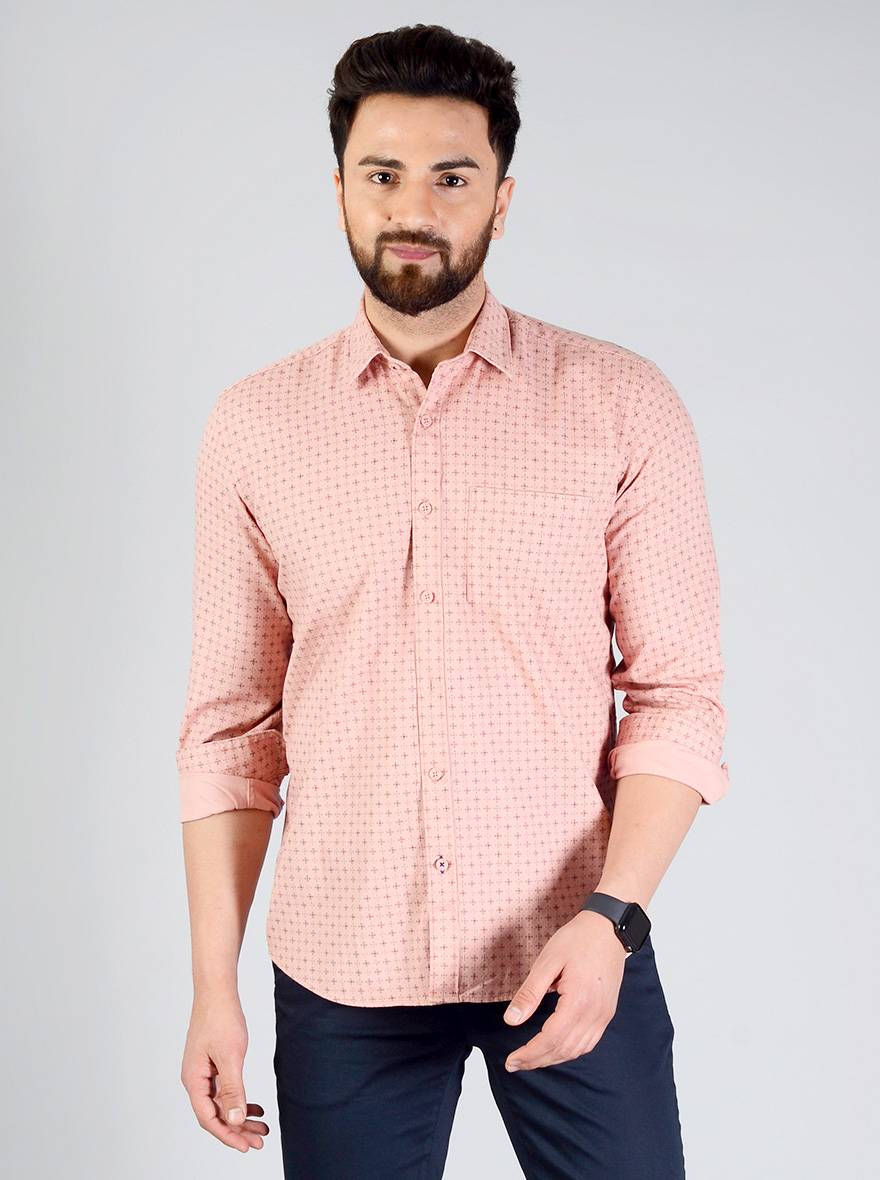 Dusty Pink Printed Slim Fit Casual Shirt | JB Sport