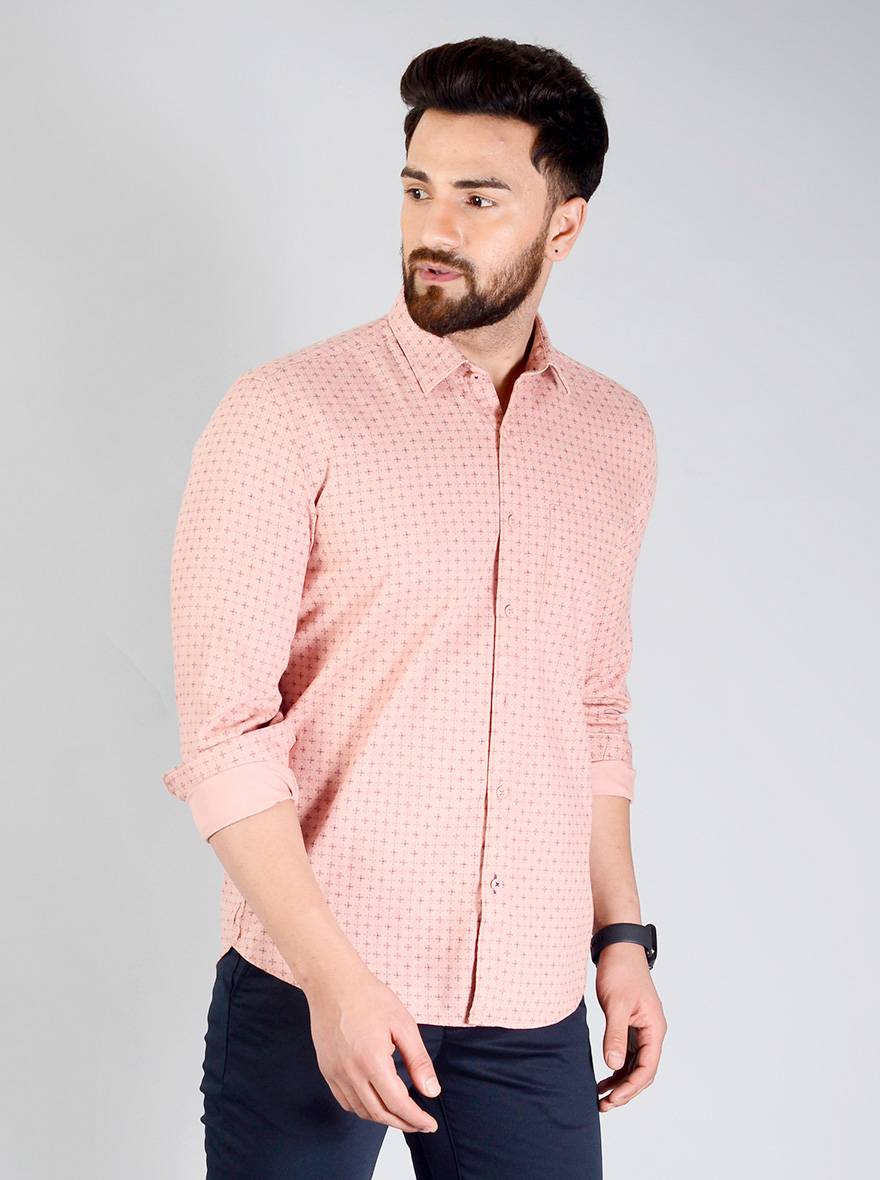 Dusty Pink Printed Slim Fit Casual Shirt | JB Sport