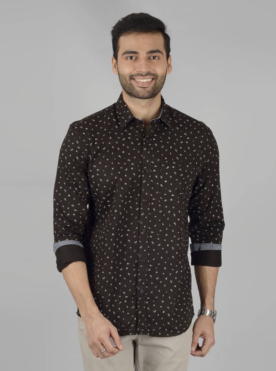 Dark Olive Printed Slim Fit Casual Shirt | JB Sport