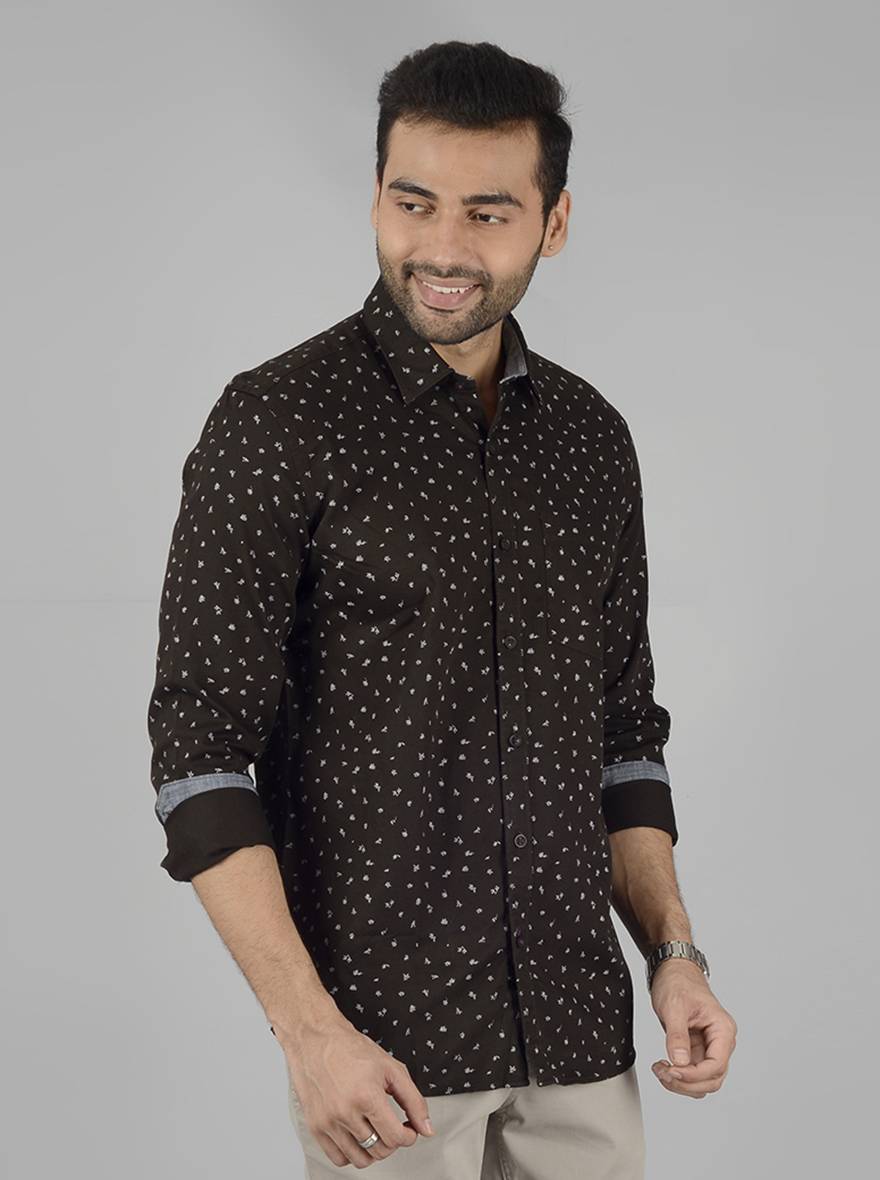 Dark Olive Printed Slim Fit Casual Shirt | JB Sport