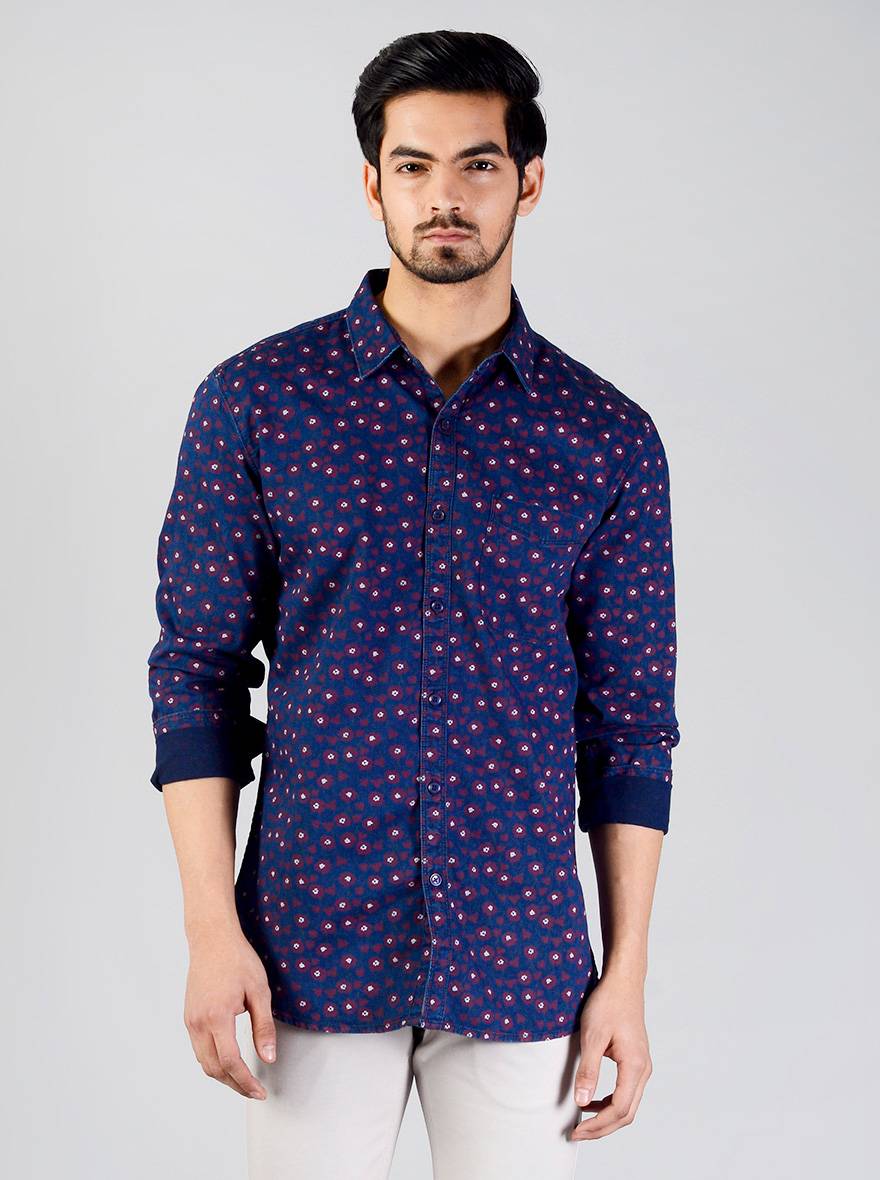 Night Blue Printed Slim Fit Casual Shirt | JB Sport