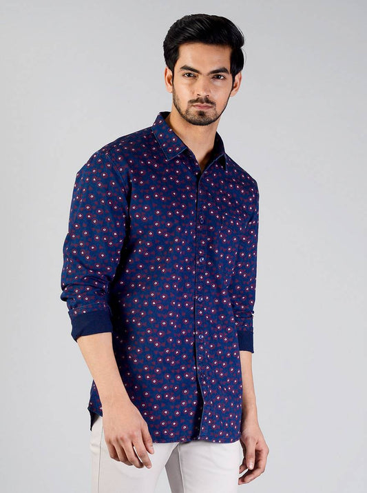 Night Blue Printed Slim Fit Casual Shirt | JB Sport