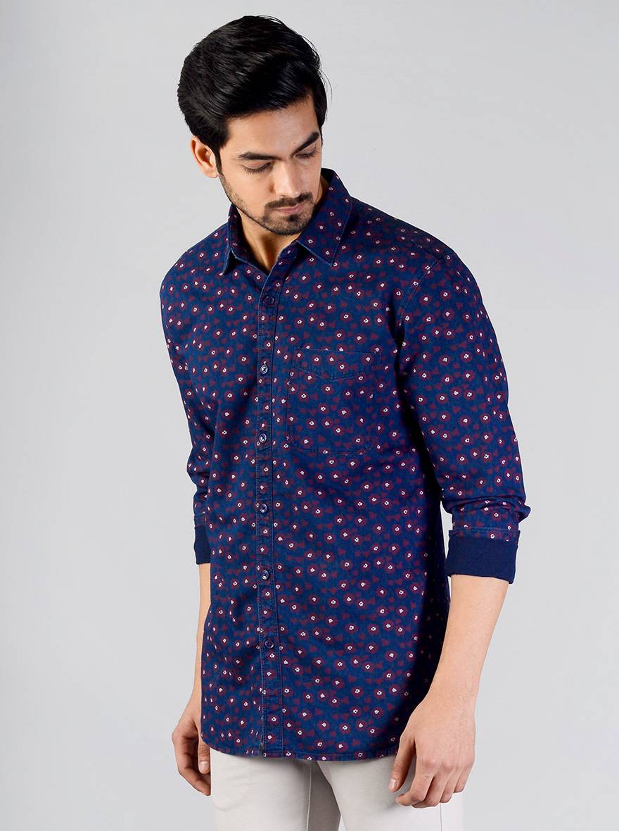 Night Blue Printed Slim Fit Casual Shirt | JB Sport