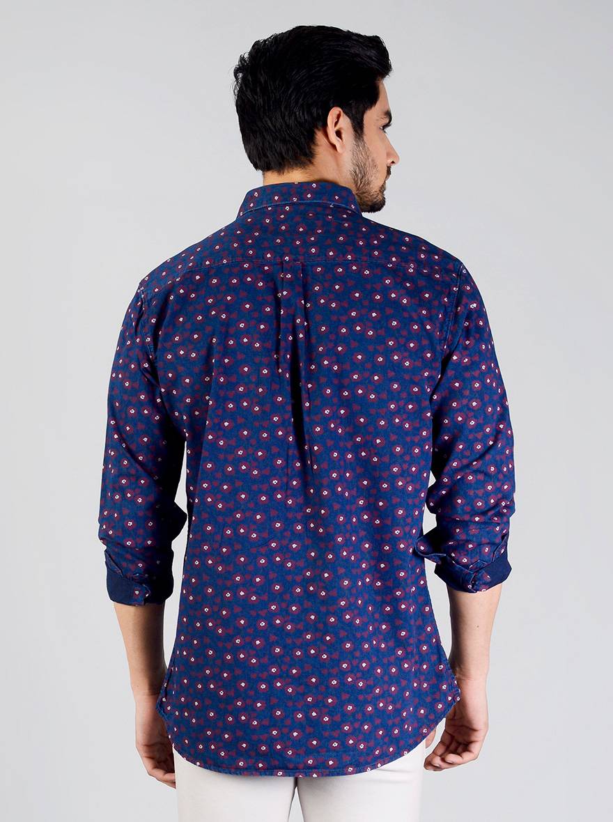 Night Blue Printed Slim Fit Casual Shirt | JB Sport