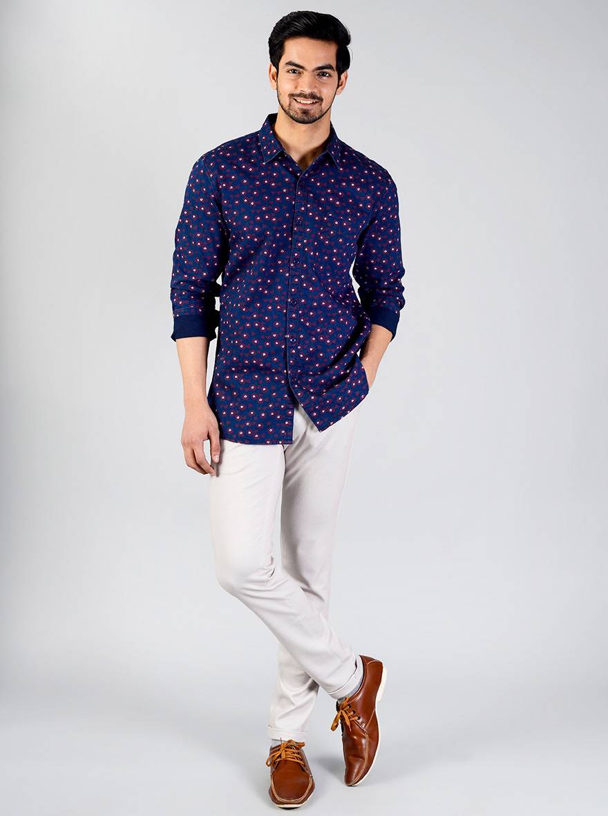 Night Blue Printed Slim Fit Casual Shirt | JB Sport