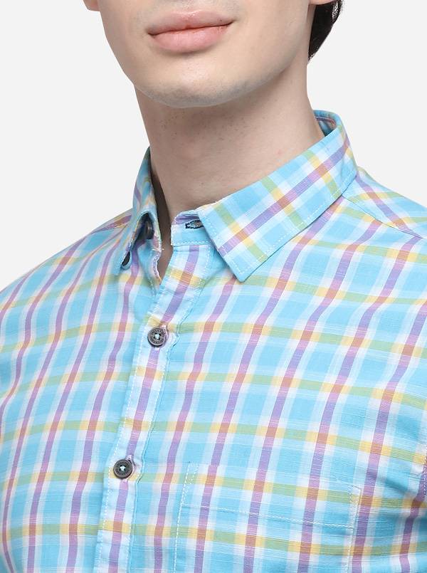 Sky Blue Slim Fit Checked Casual Shirt | Greenfibre