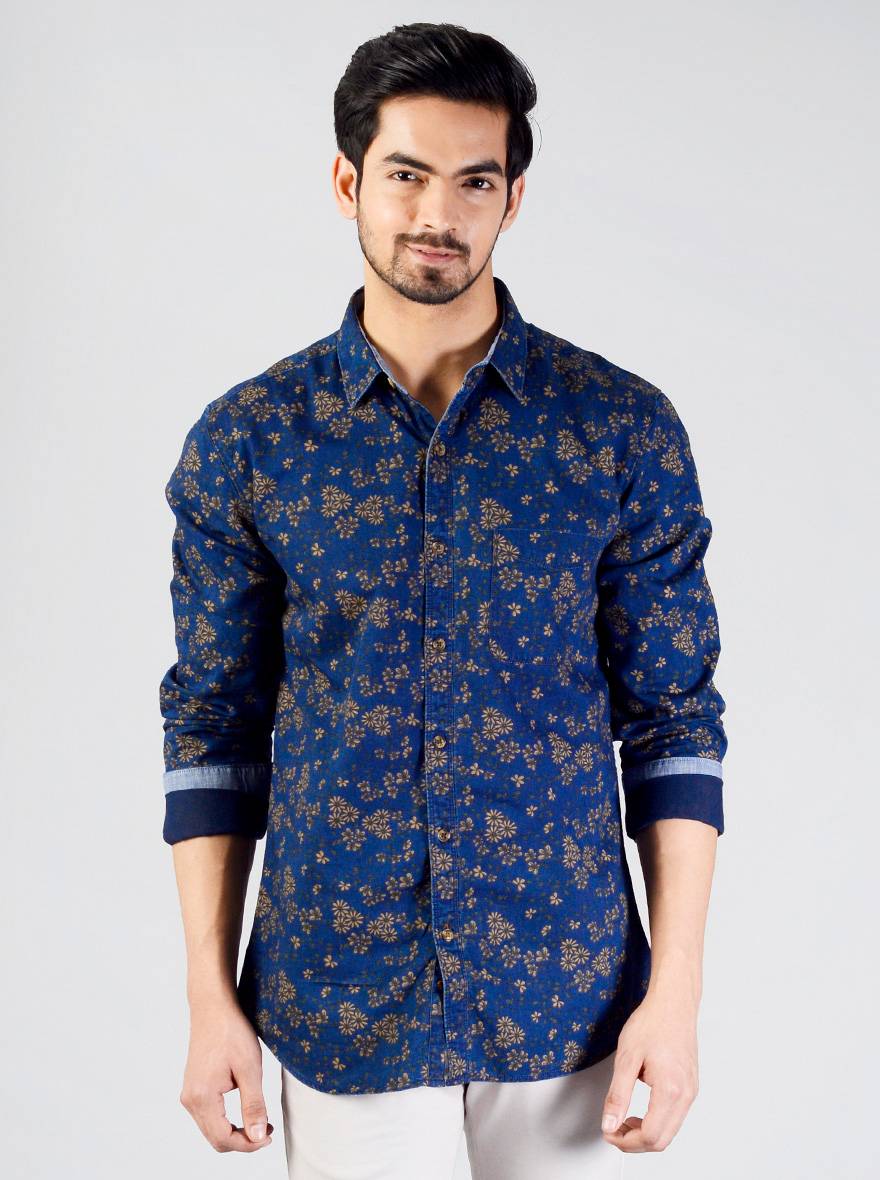 Midnight Navy Printed Slim Fit Casual Shirt | JB Sport