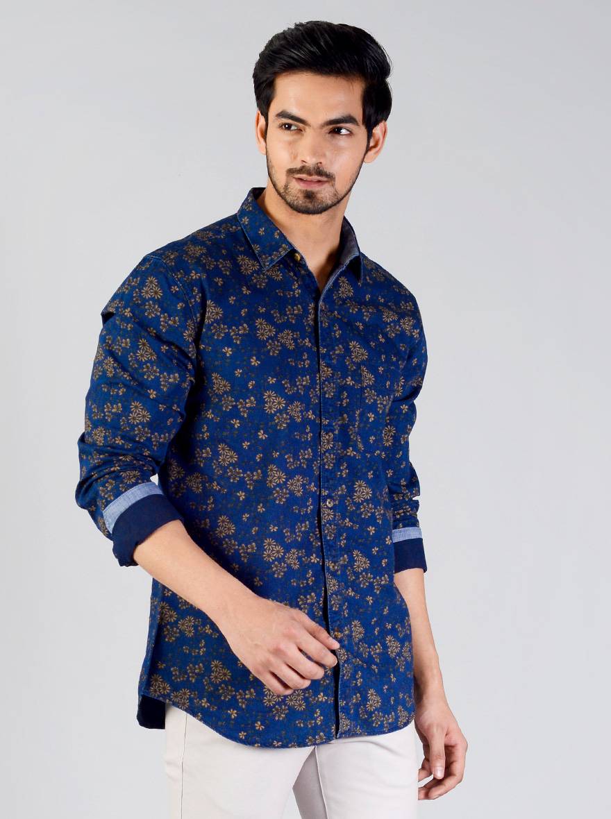 Midnight Navy Printed Slim Fit Casual Shirt | JB Sport