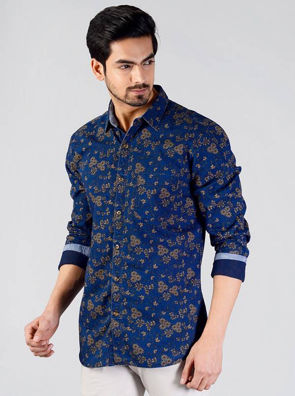 Midnight Navy Printed Slim Fit Casual Shirt | JB Sport