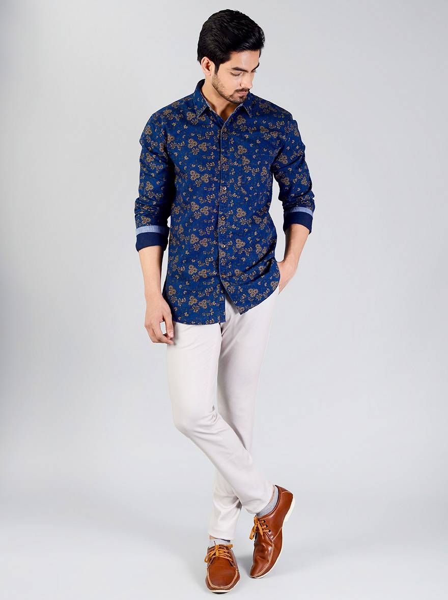 Midnight Navy Printed Slim Fit Casual Shirt | JB Sport