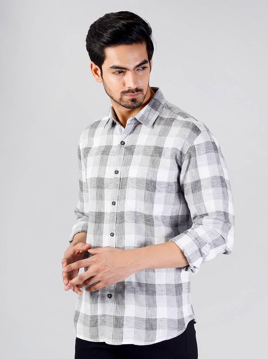 Grey & White Checked Slim Fit Casual Shirt | Greenfibre