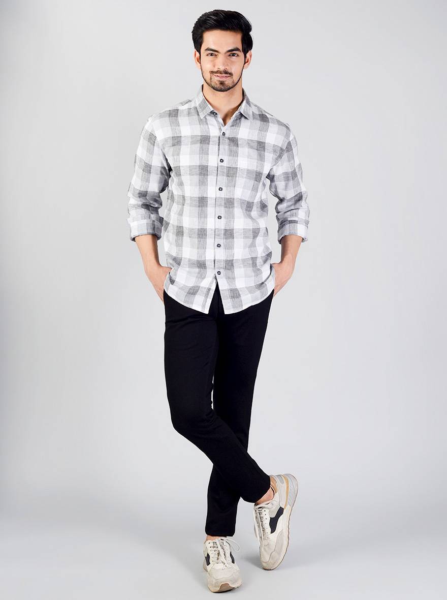 Grey & White Checked Slim Fit Casual Shirt | Greenfibre