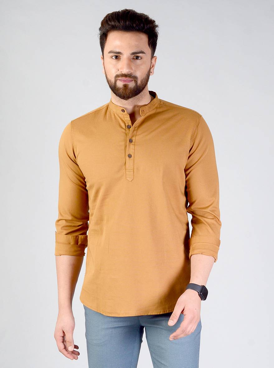 Golden Brown Solid Slim Fit Short Kurta | JB Sport