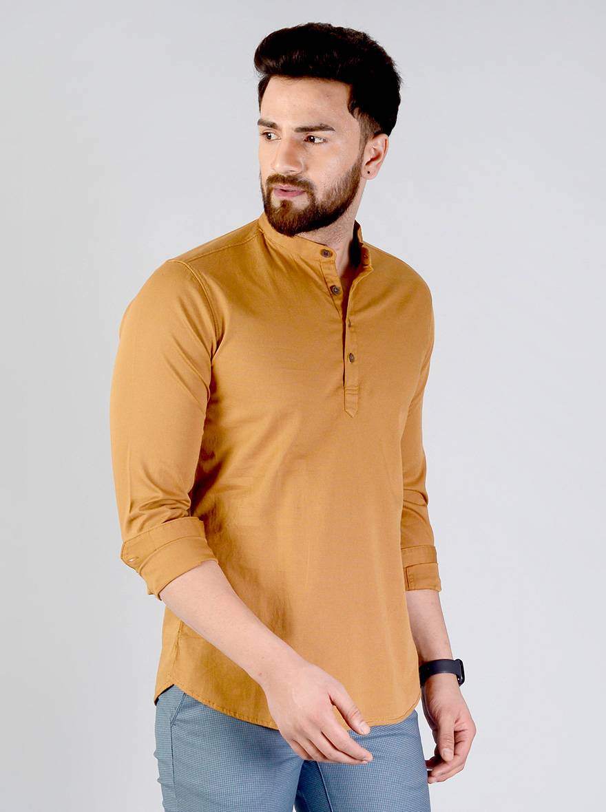 Golden Brown Solid Slim Fit Short Kurta | JB Sport