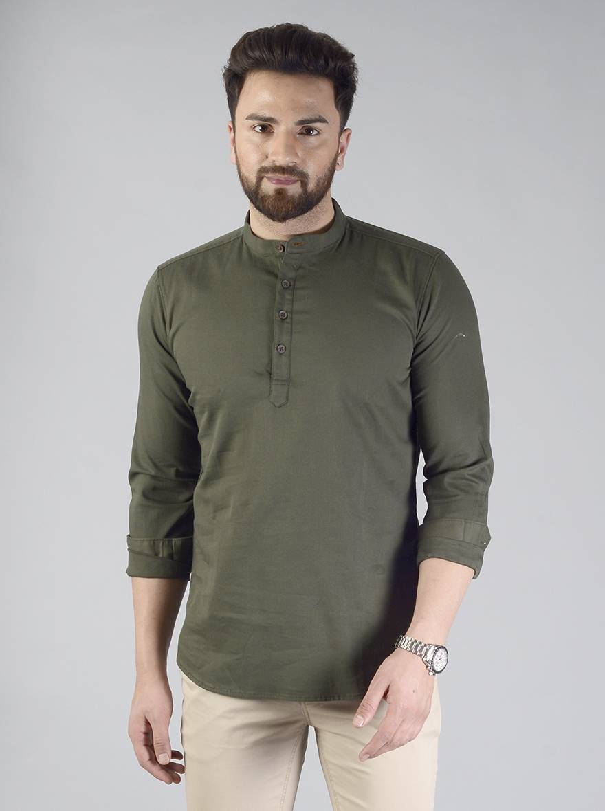 Dark Olive Green Solid Slim Fit Short Kurta | JB Sport