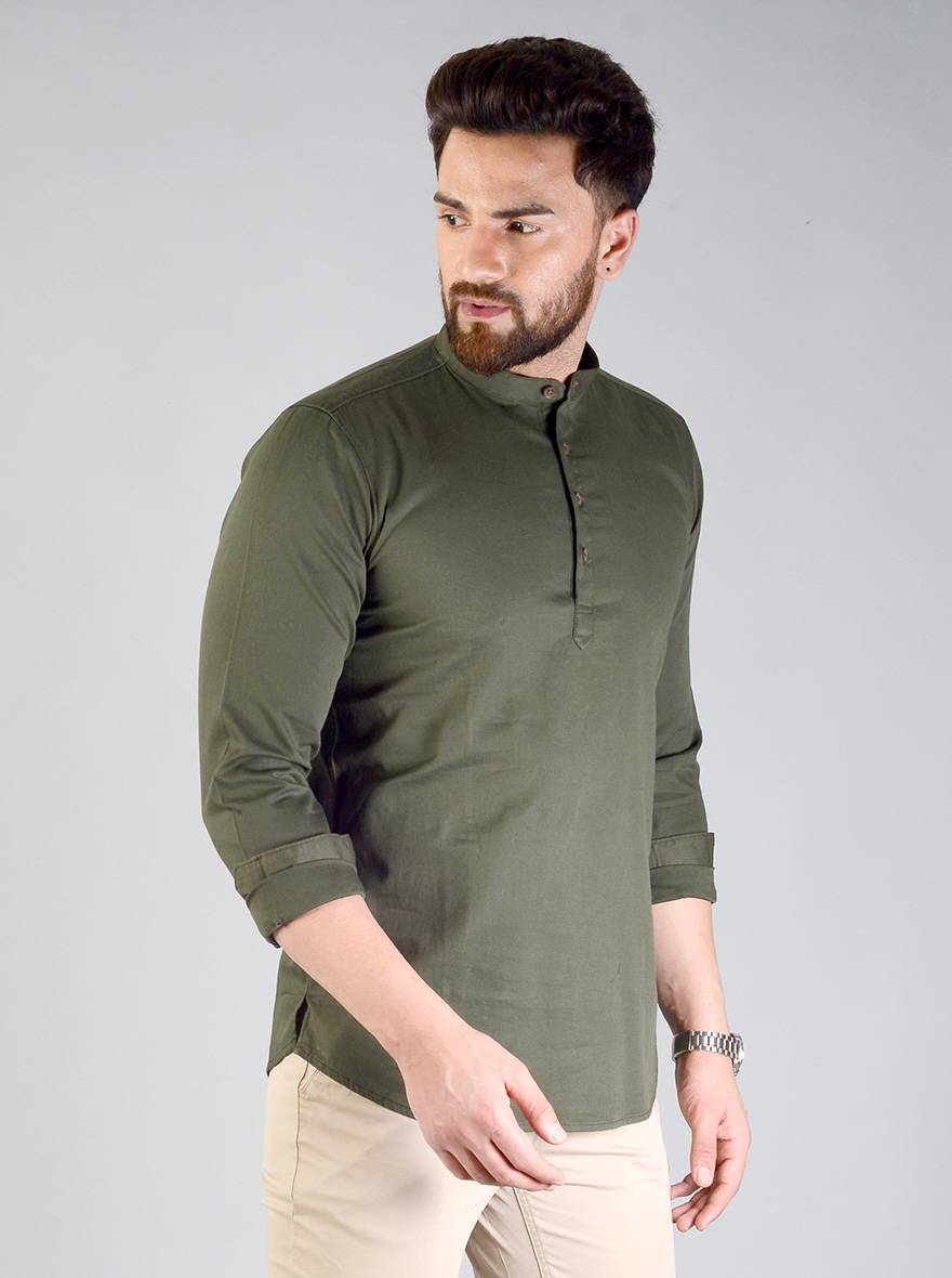 Dark Olive Green Solid Slim Fit Short Kurta | JB Sport