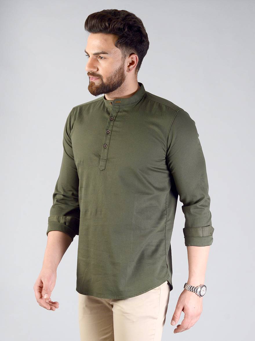 Dark Olive Green Solid Slim Fit Short Kurta | JB Sport