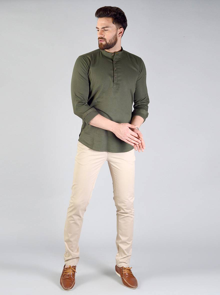 Dark Olive Green Solid Slim Fit Short Kurta | JB Sport