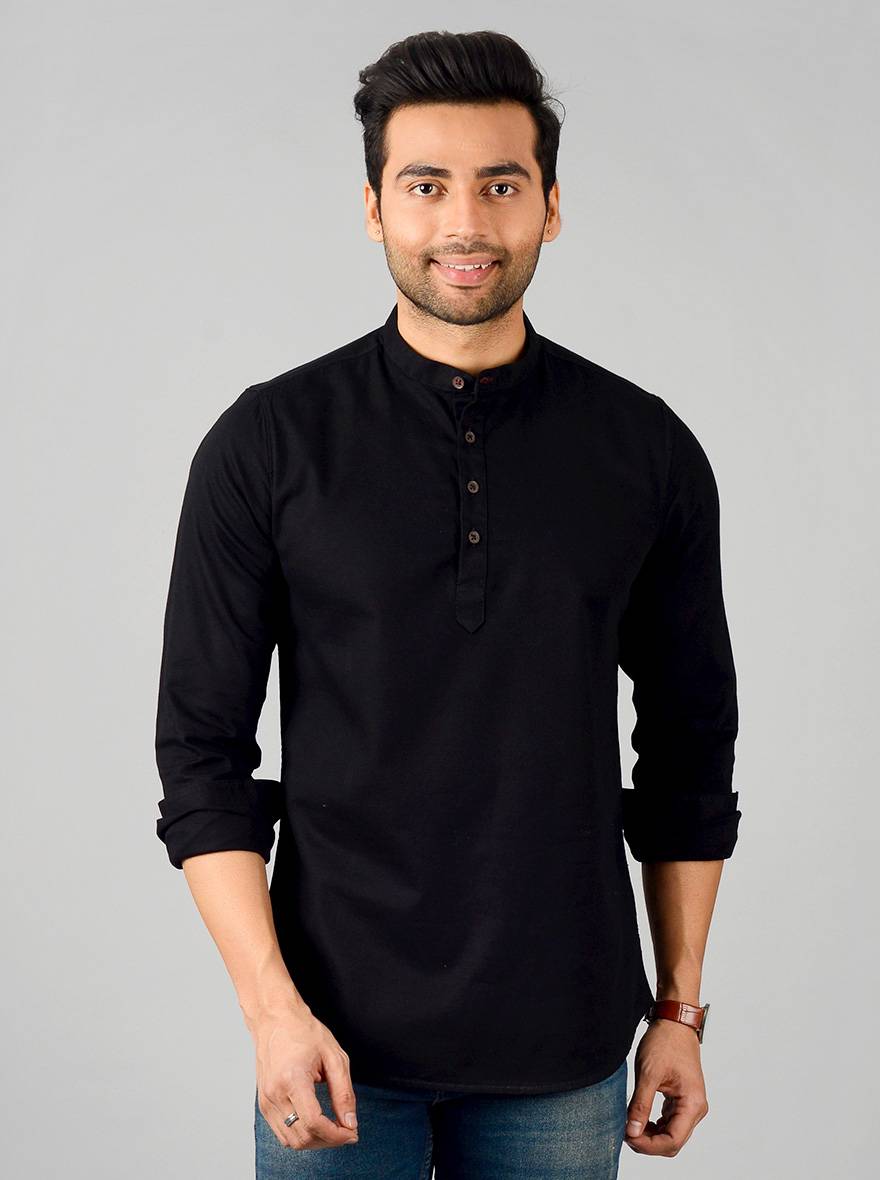 Jet Black Solid Slim Fit Short Kurta | JB Sport