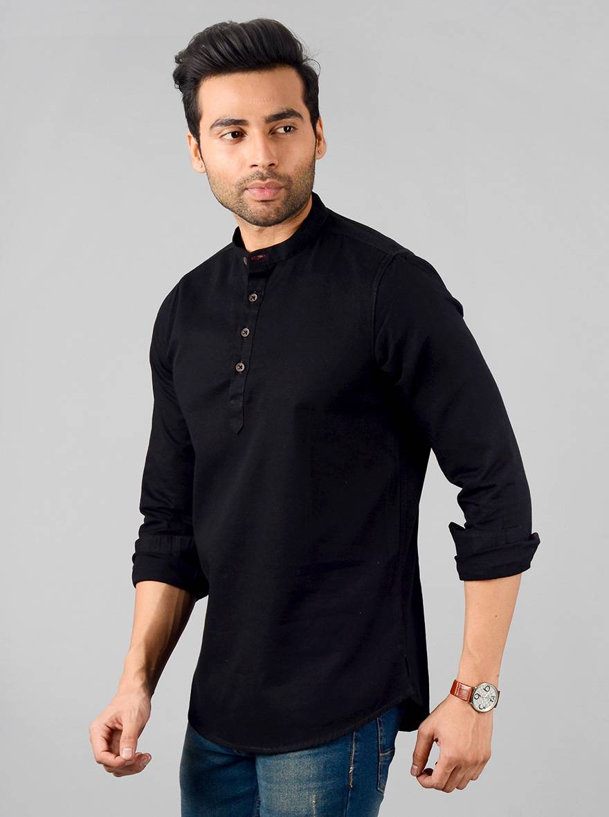 Jet Black Solid Slim Fit Short Kurta | JB Sport