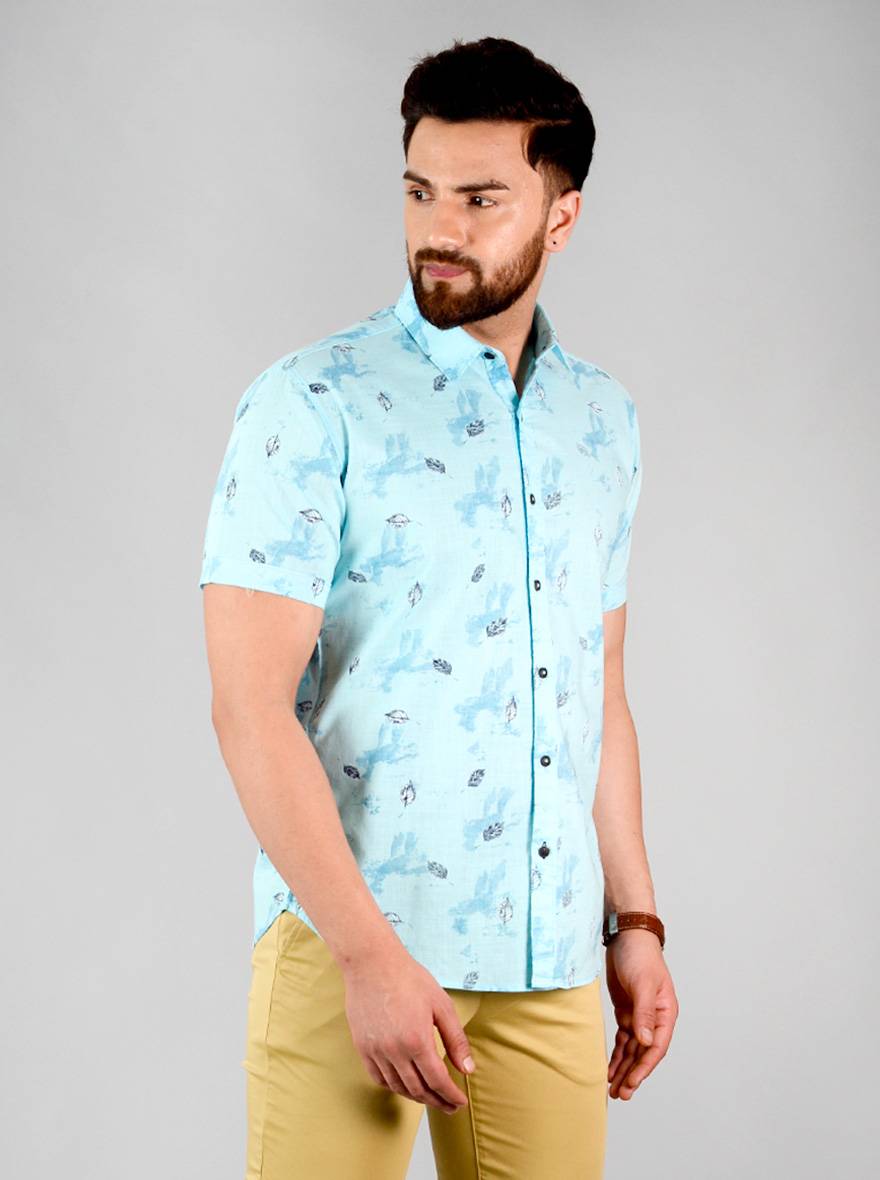 Blue Printed Slim Fit Casual Shirt | Greenfibre