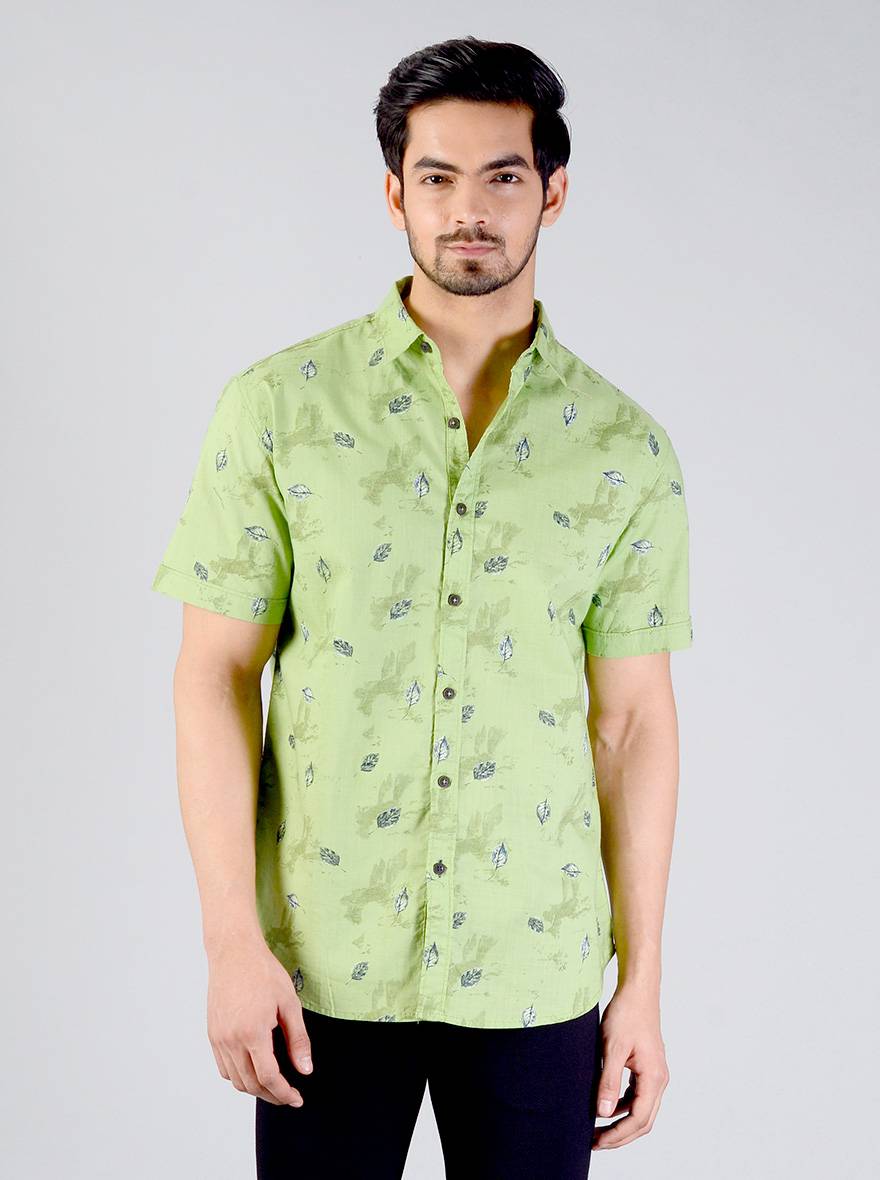 Light Green Printed Slim Fit Casual Shirt | Greenfibre