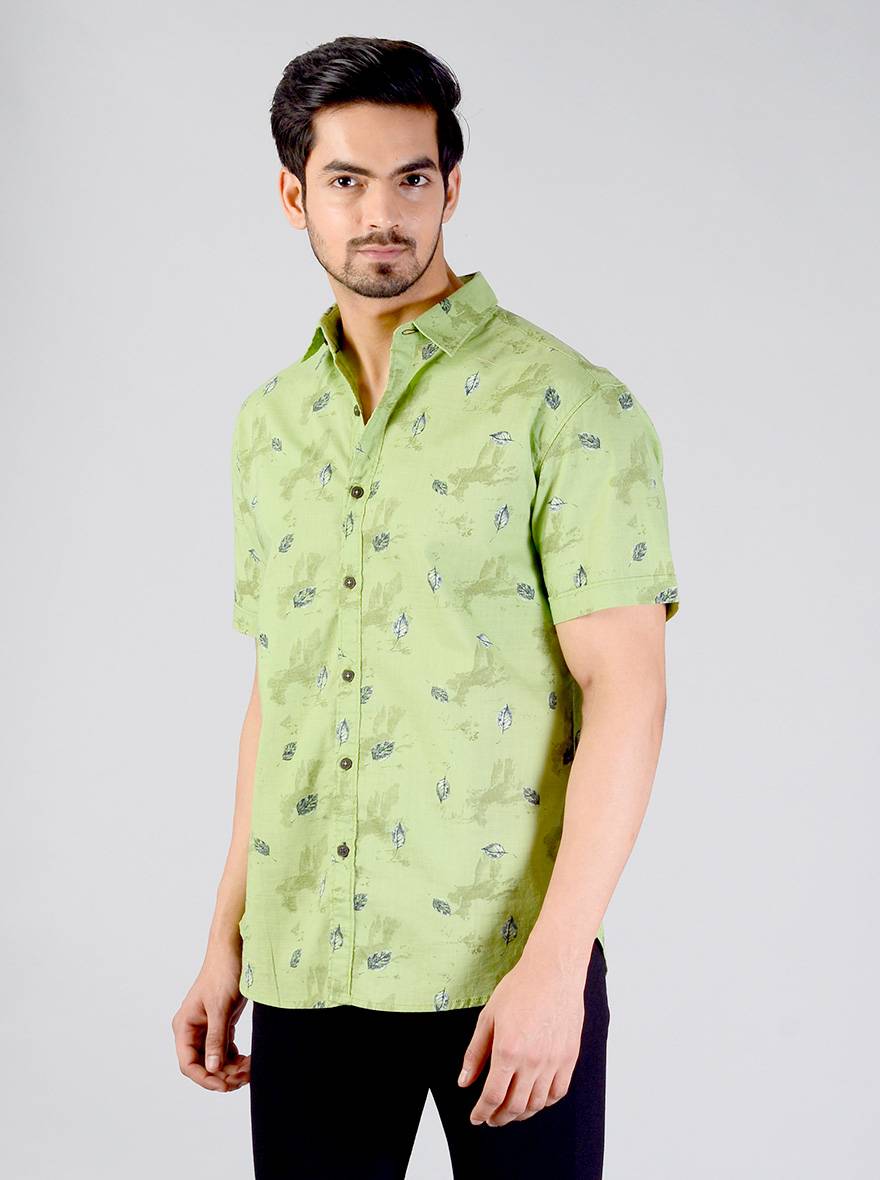 Light Green Printed Slim Fit Casual Shirt | Greenfibre