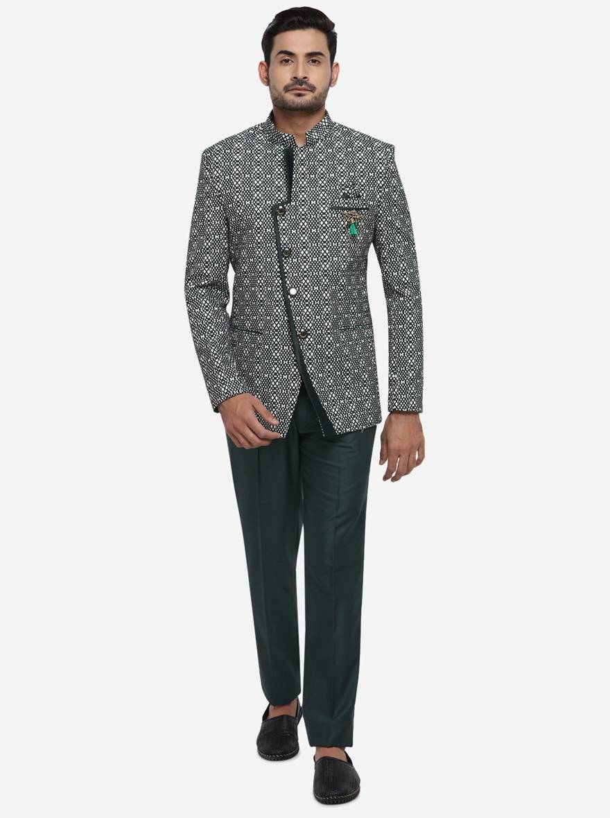 Dark Green & White Jodhpuri Suit | JadeBlue