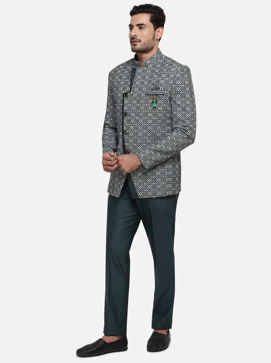 Dark Green & White Jodhpuri Suit | JadeBlue