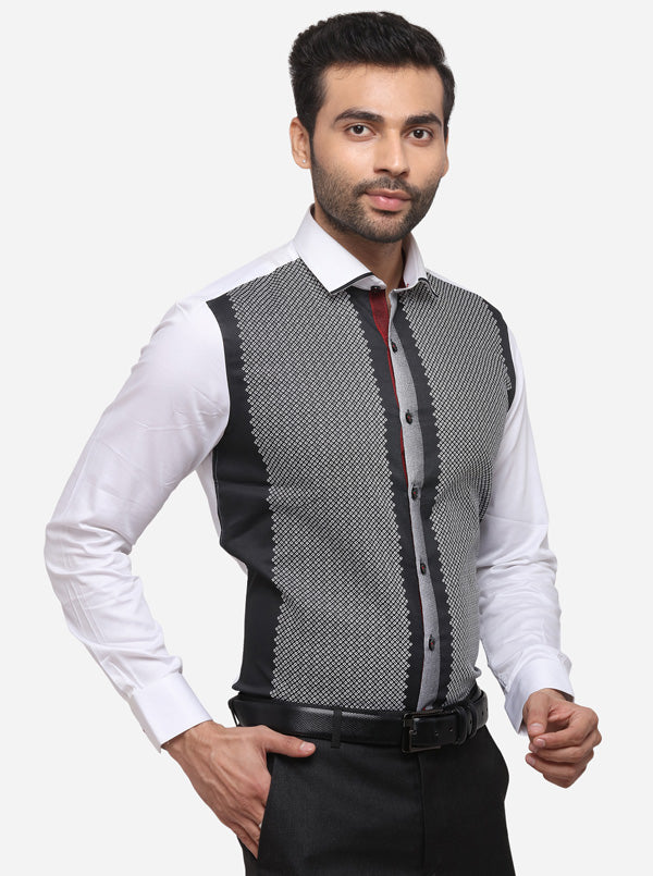 White & Black Printed Slim Fit Party Wear Shirt | JB Studio