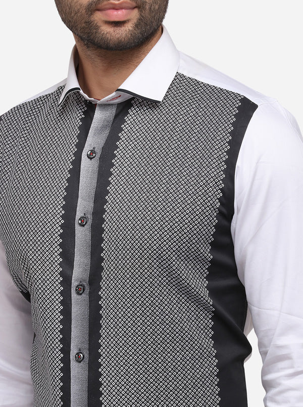 White & Black Printed Slim Fit Party Wear Shirt | JB Studio