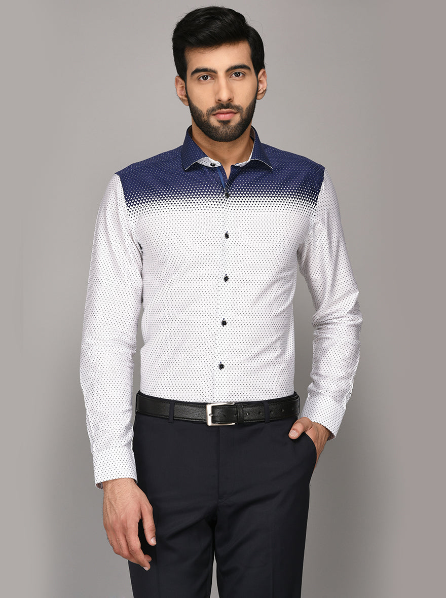 JB Studio White & Blue Printed Slim Fit Party Wear Shirt