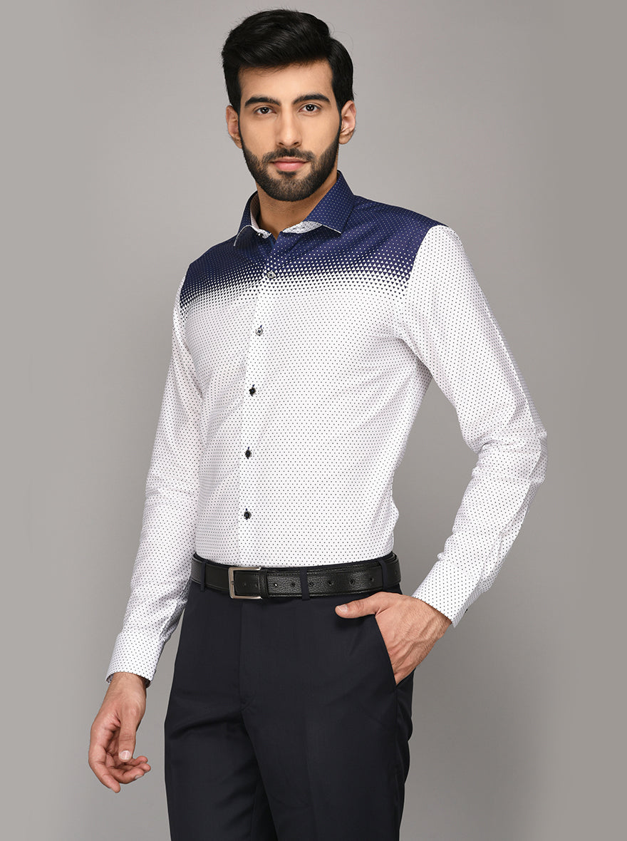 JB Studio White & Blue Printed Slim Fit Party Wear Shirt