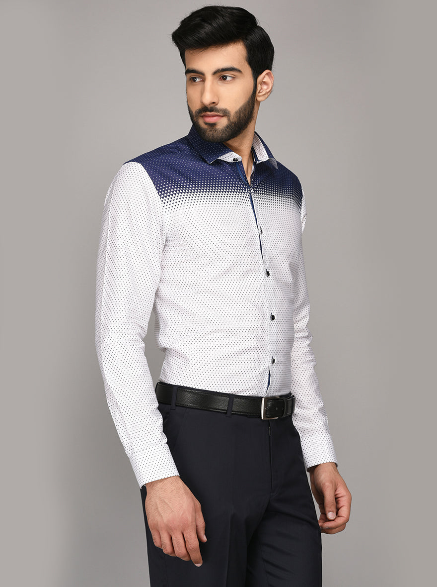 JB Studio White & Blue Printed Slim Fit Party Wear Shirt