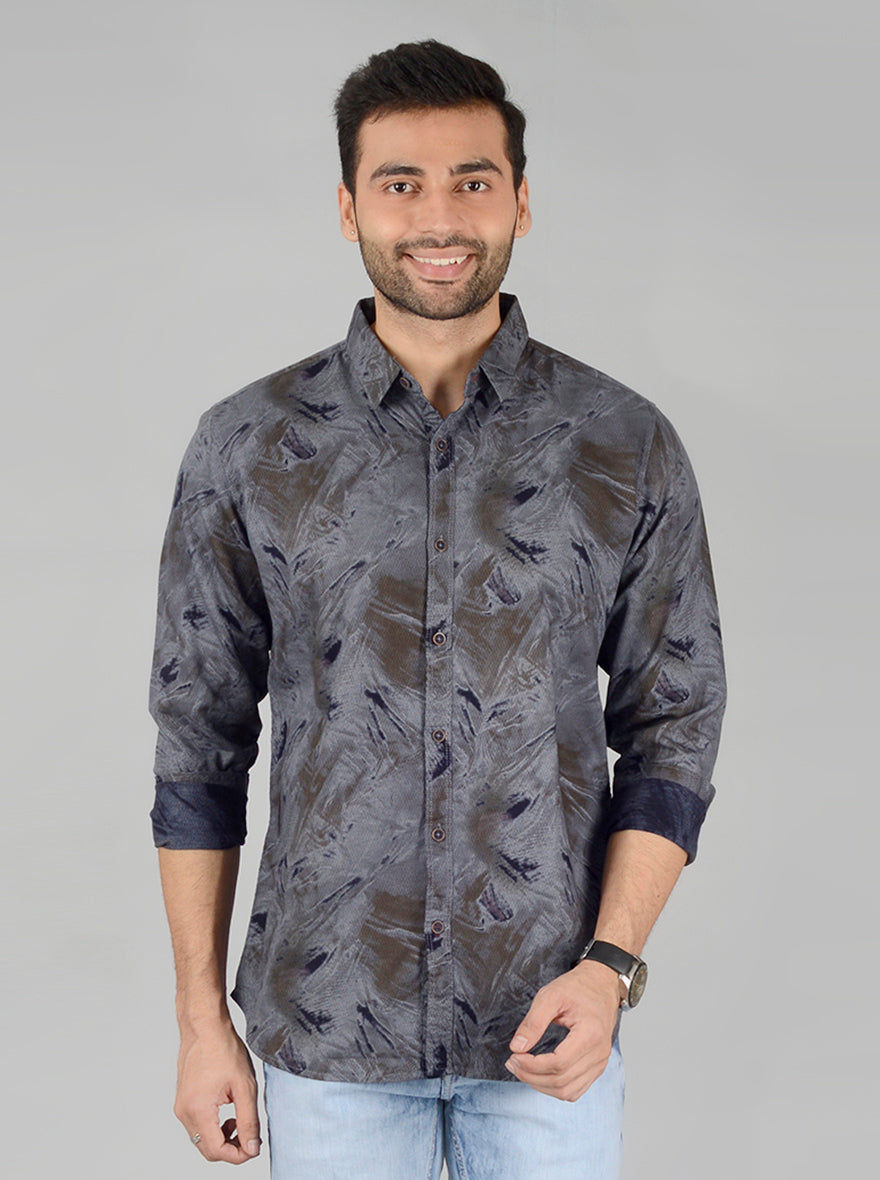 Grey Printed Slim Fit Casual Shirt | JB Sport