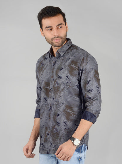 Grey Printed Slim Fit Casual Shirt | JB Sport